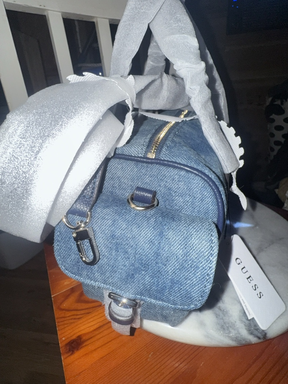NWT GUESS Kassie Small Box Satchel Bag Denim Y2K - Picture 5 of 7